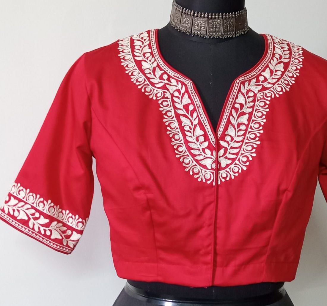 Red Blouse in off white Aari work Embroidery
