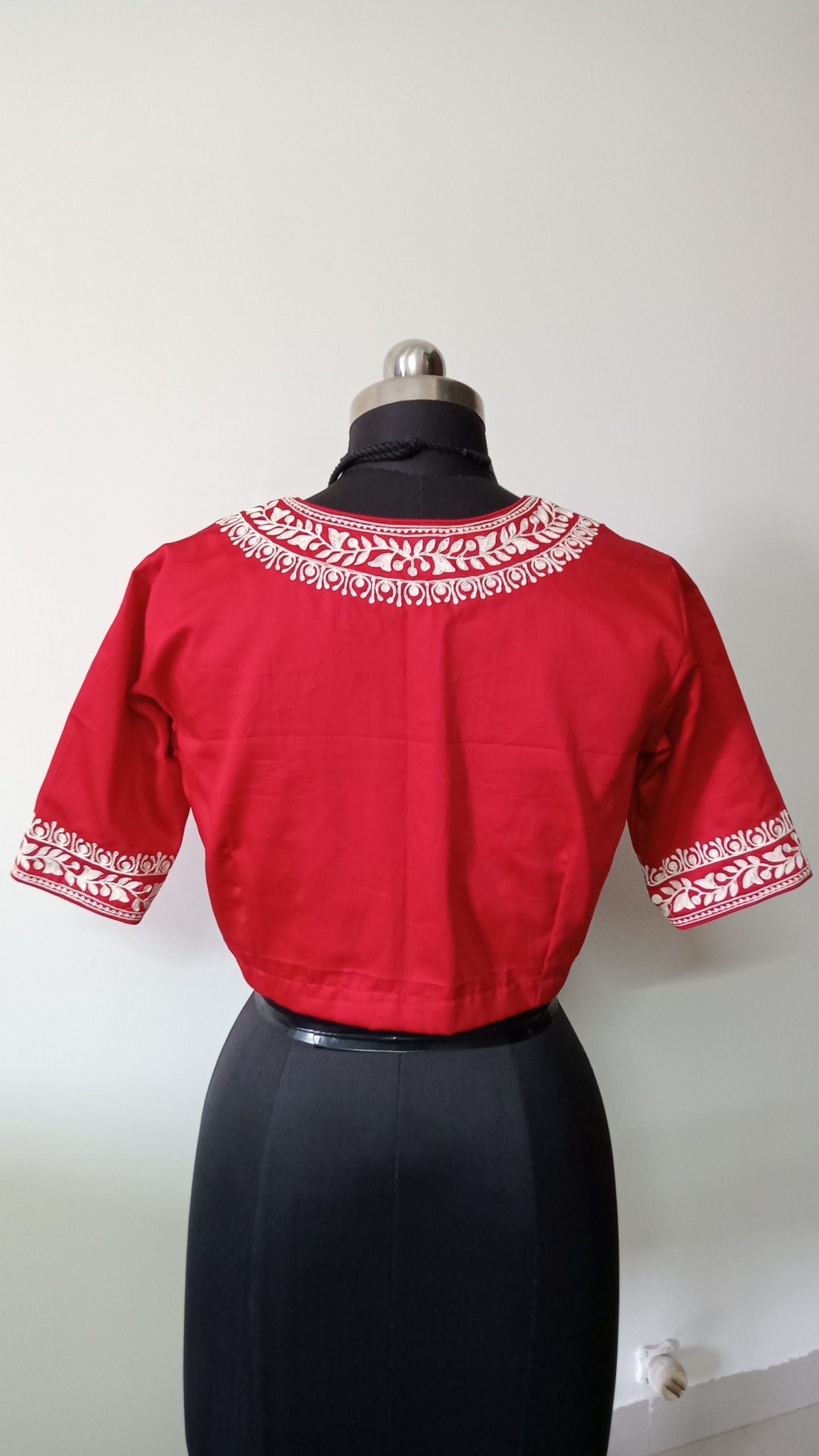 Red Blouse in off white Aari work Embroidery