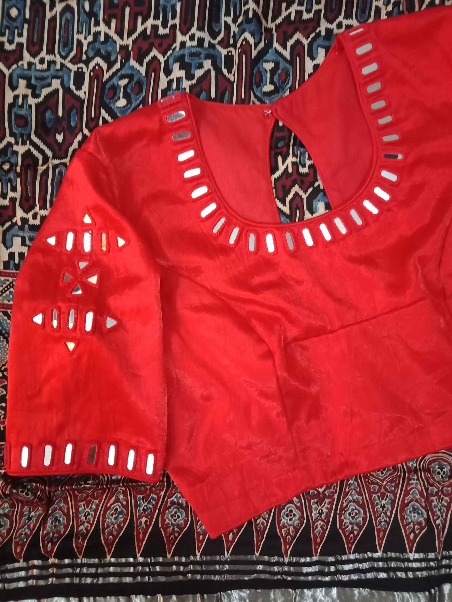 Red Gaji Silk Mirror Work Blouse Combo