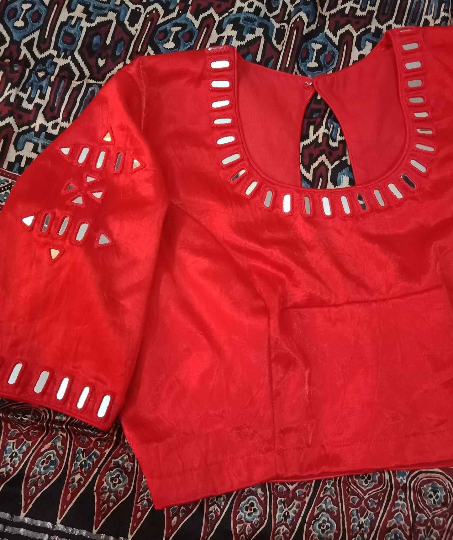 Red Gaji Silk Mirror Work Blouse Combo