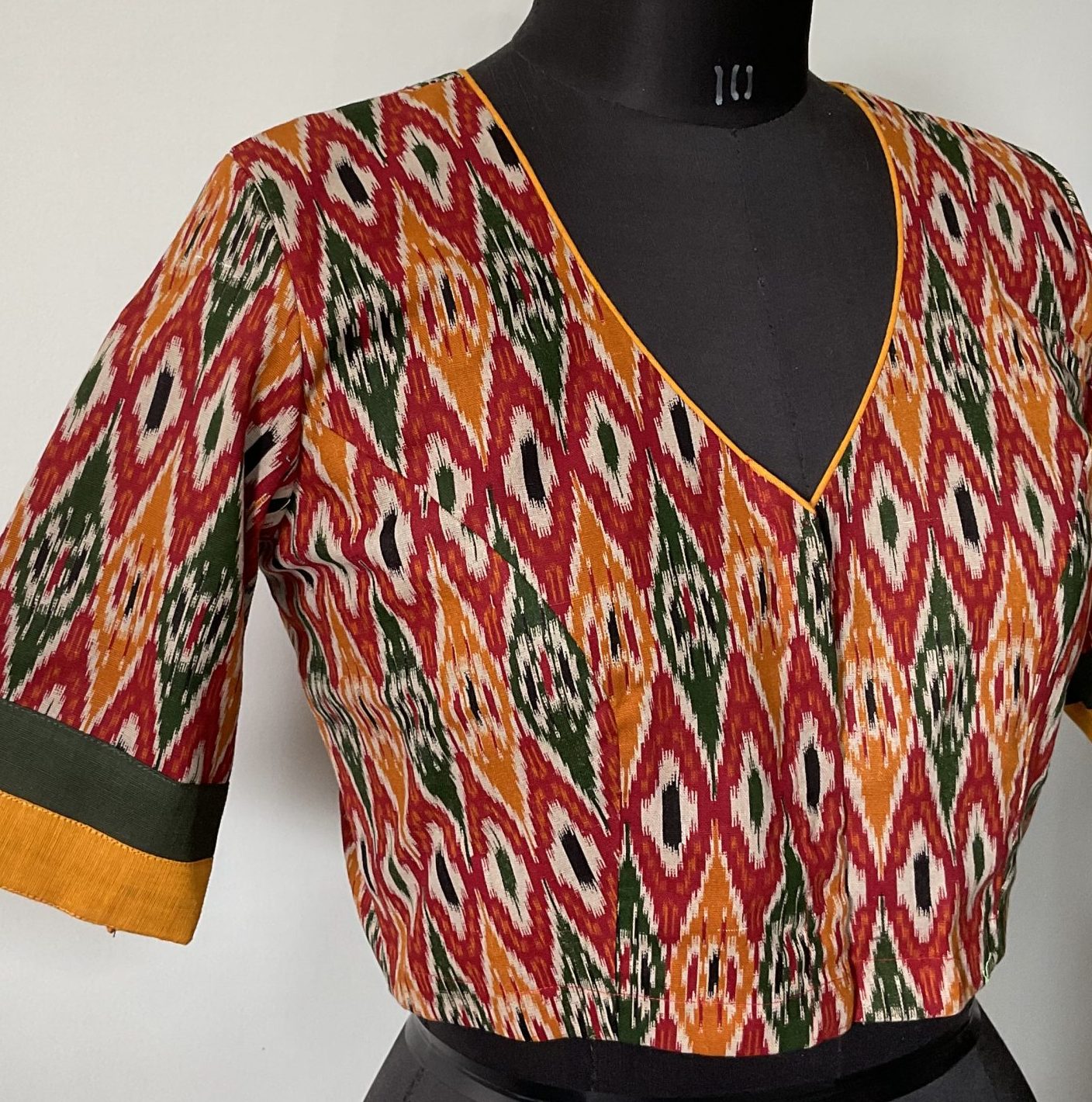 Red mustard green ikat print flax cotton blouse
