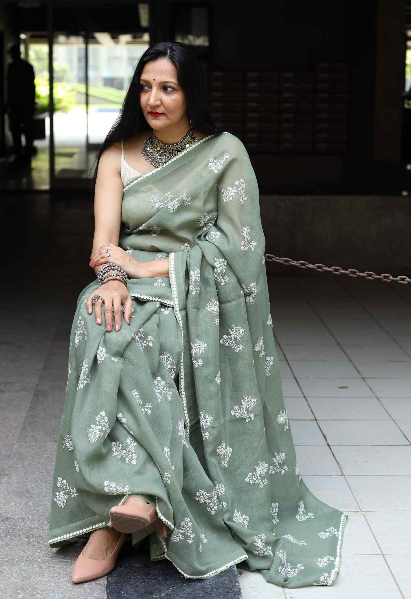 Sage Green Embroidered Linen Saree