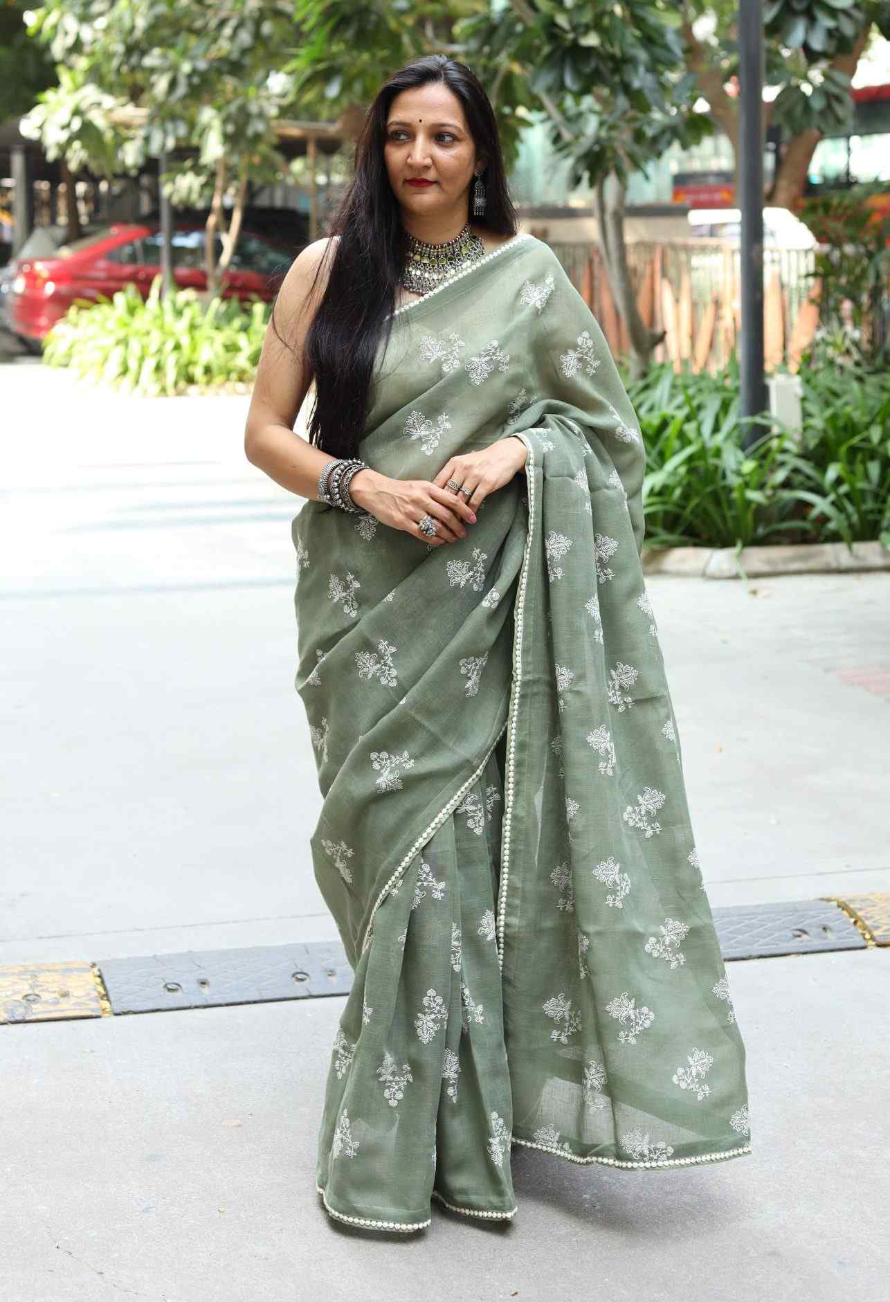 Sage Green Embroidered Linen Saree