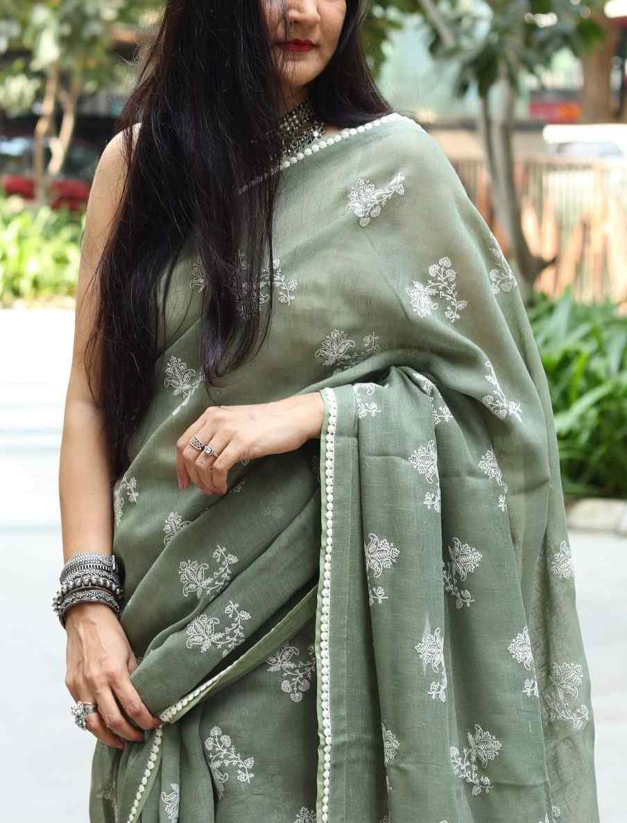 Sage Green Embroidered Linen Saree