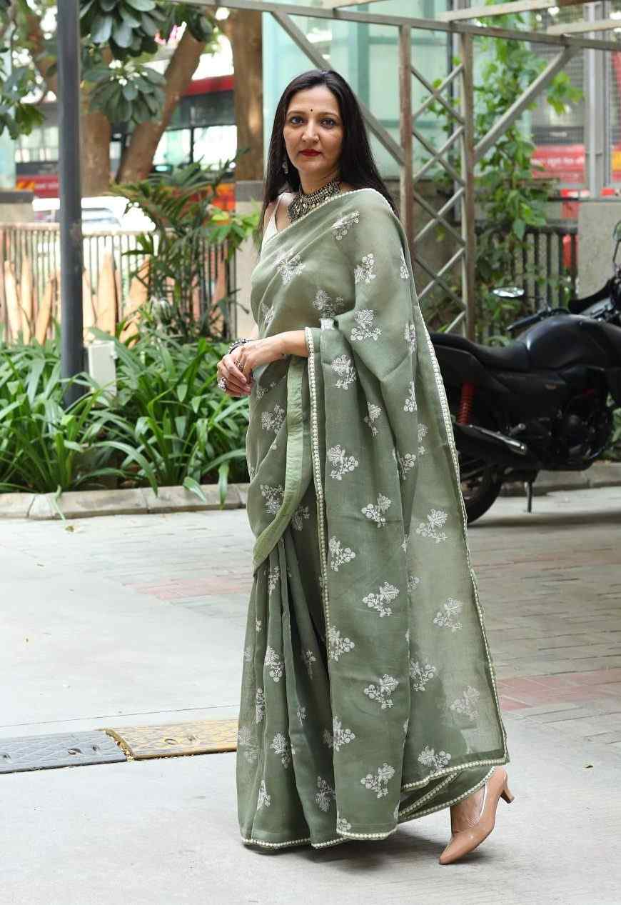 Sage Green Embroidered Linen Saree