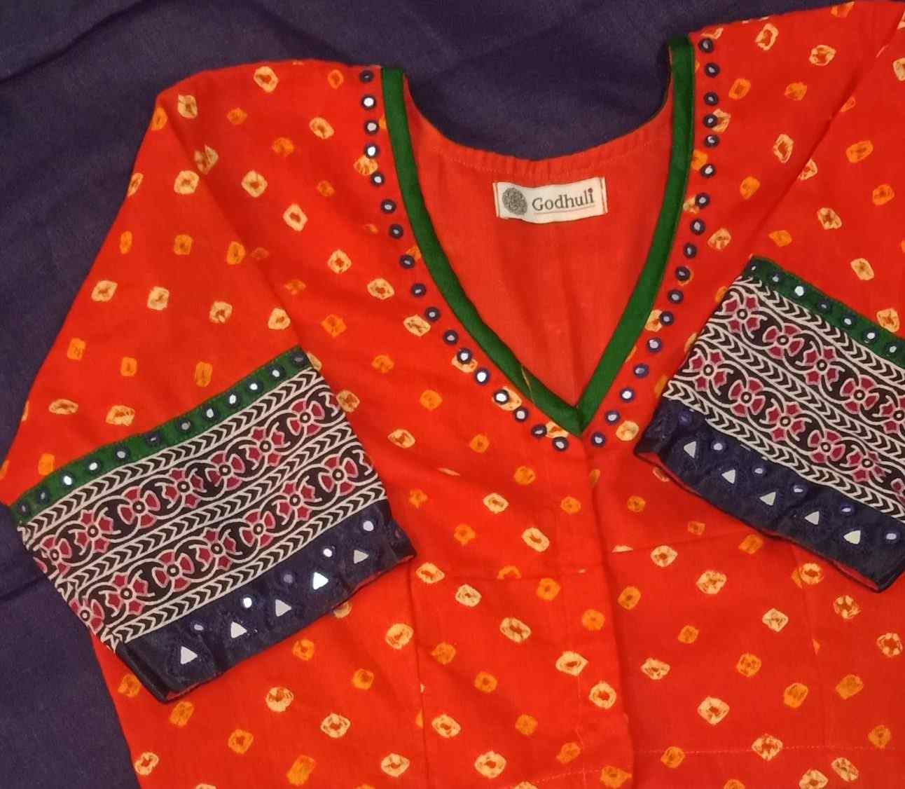 Tangerine Bandhani Blouse with Mirror Work