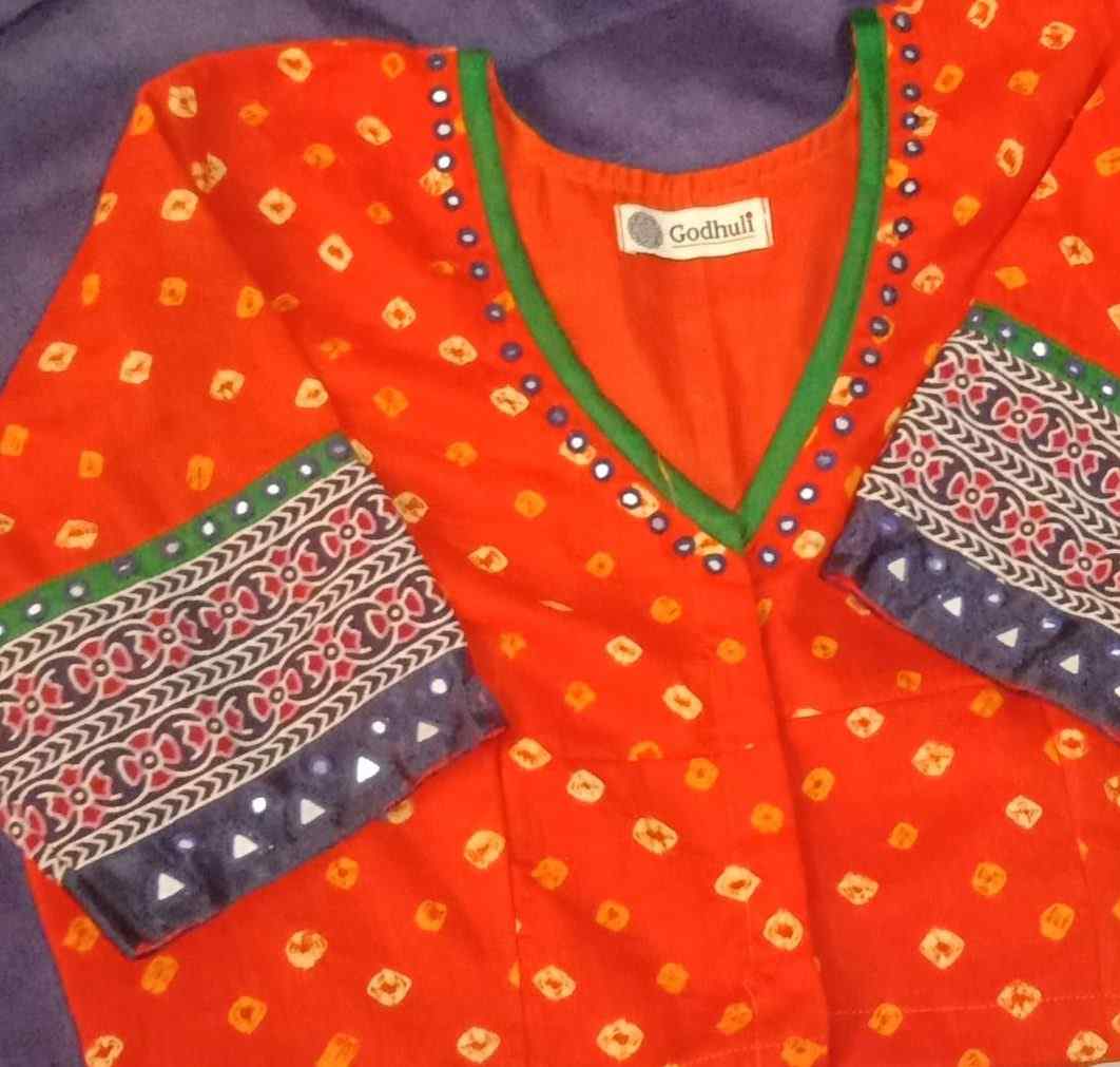 Tangerine Bandhani Blouse with Mirror Work