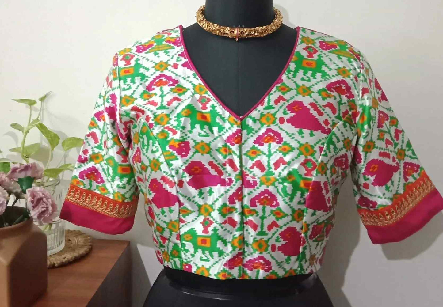 White Gaji Silk Patola Blouse with Rani Border