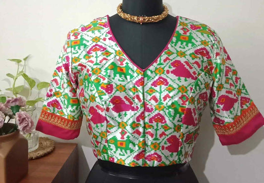 White Gaji Silk Patola Blouse with Rani Border