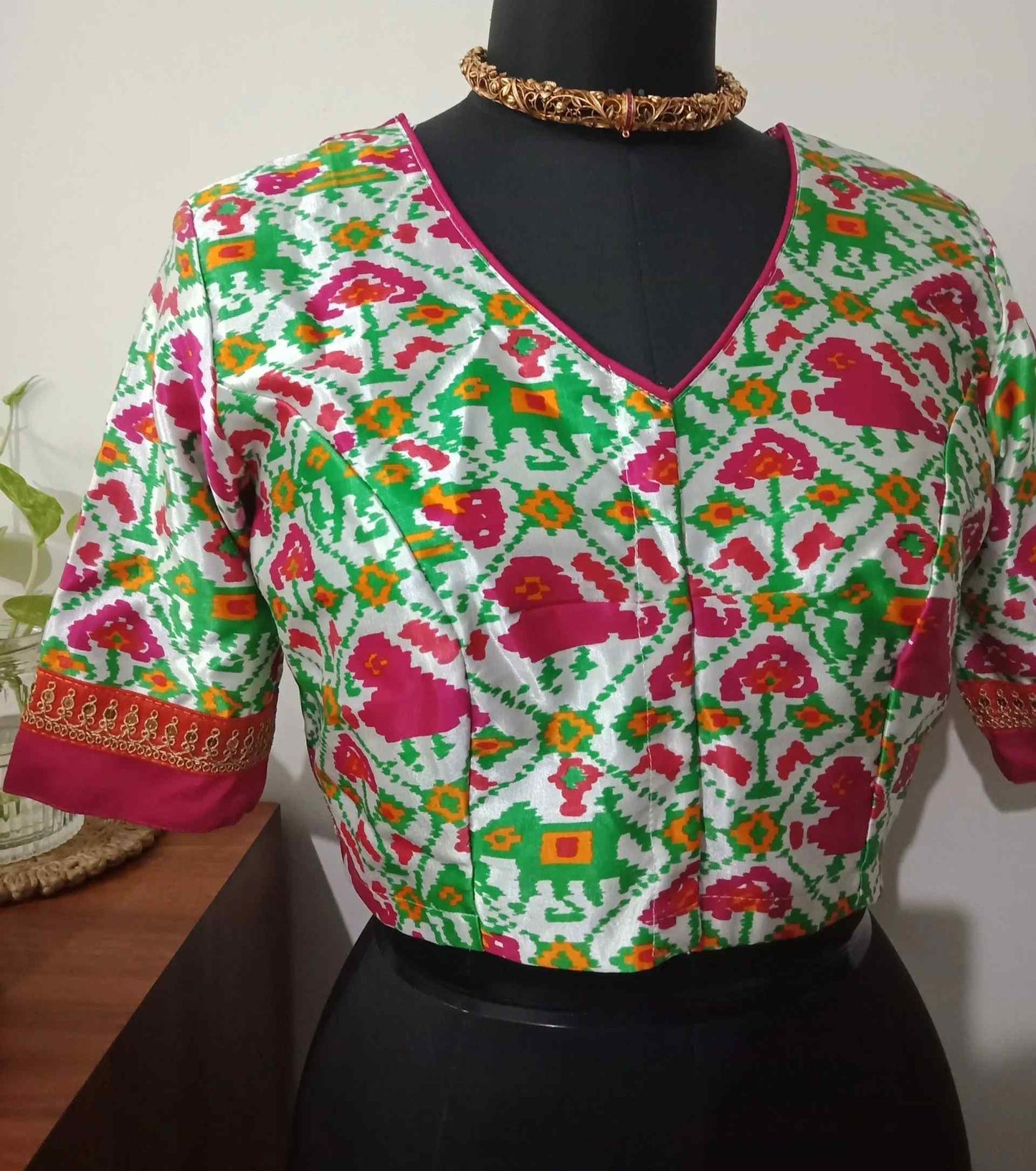 White Gaji Silk Patola Blouse with Rani Border