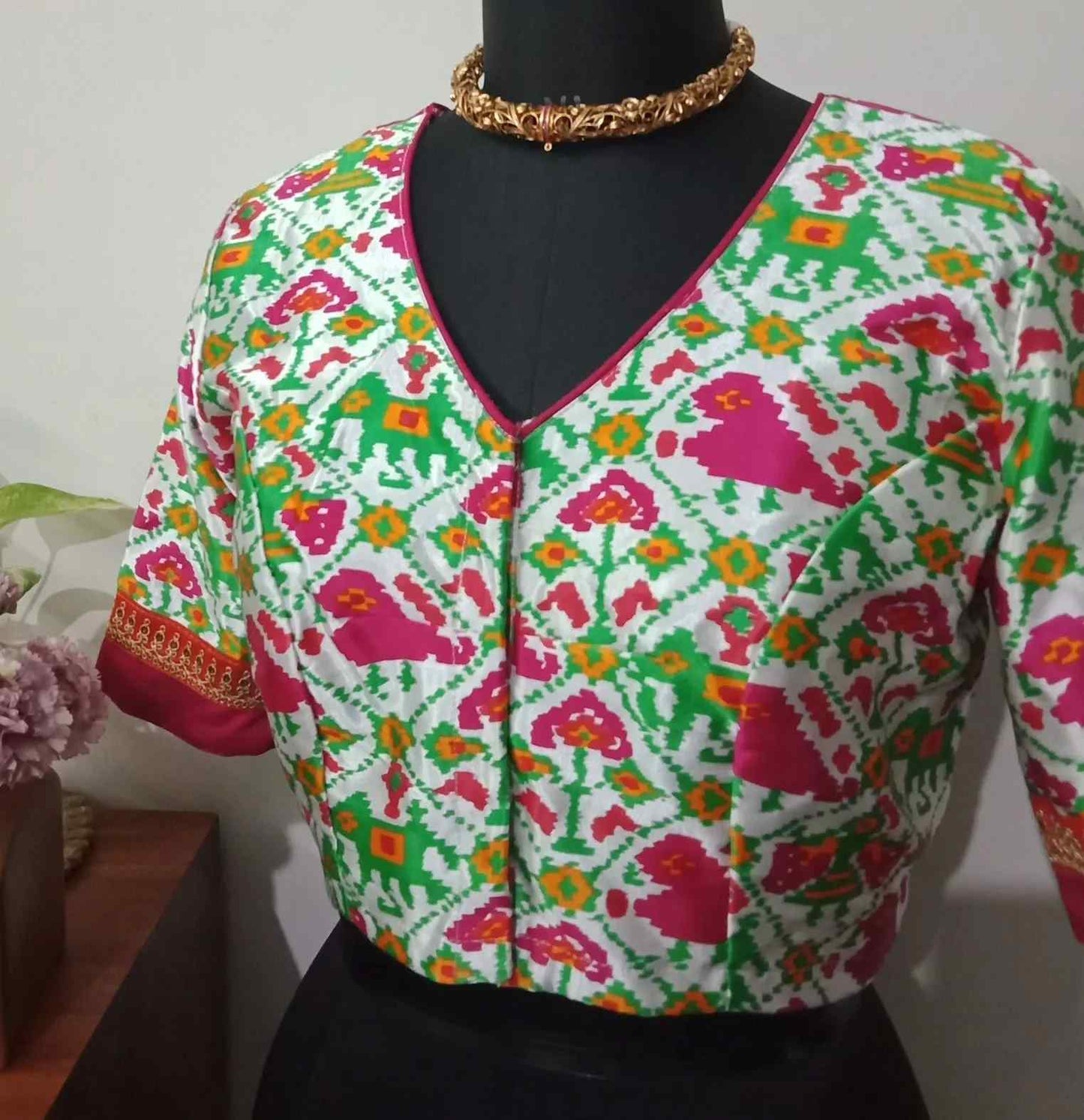 White Gaji Silk Patola Blouse with Rani Border