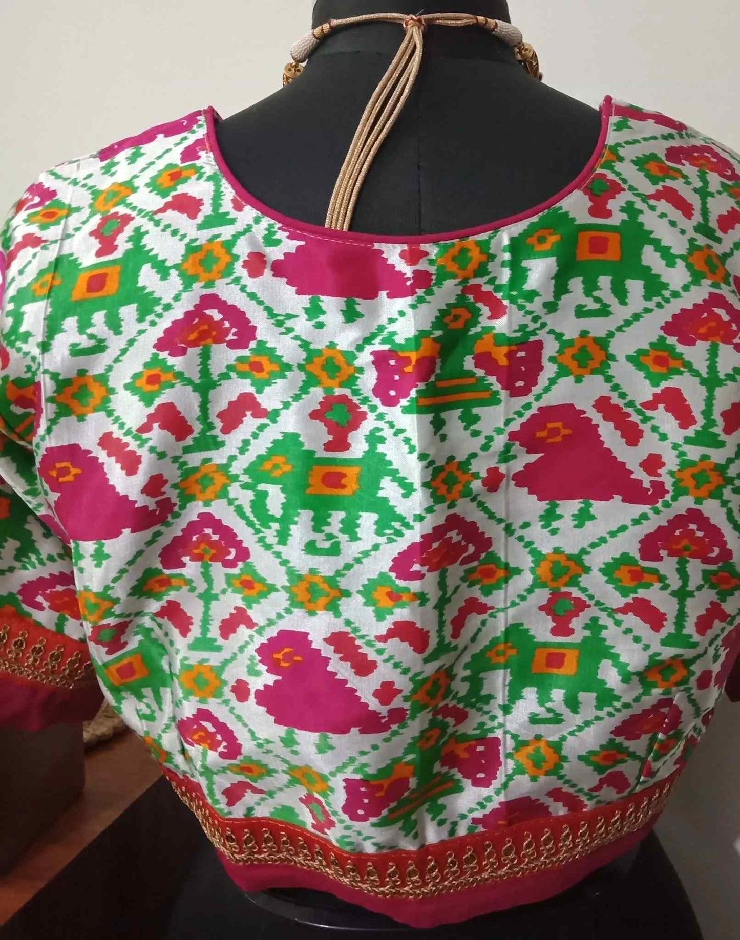 White Gaji Silk Patola Blouse with Rani Border