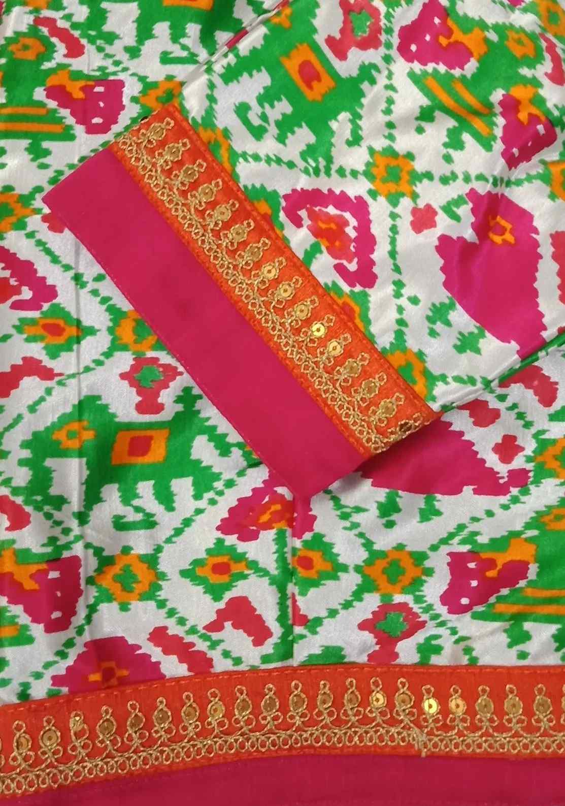 White Gaji Silk Patola Blouse with Rani Border