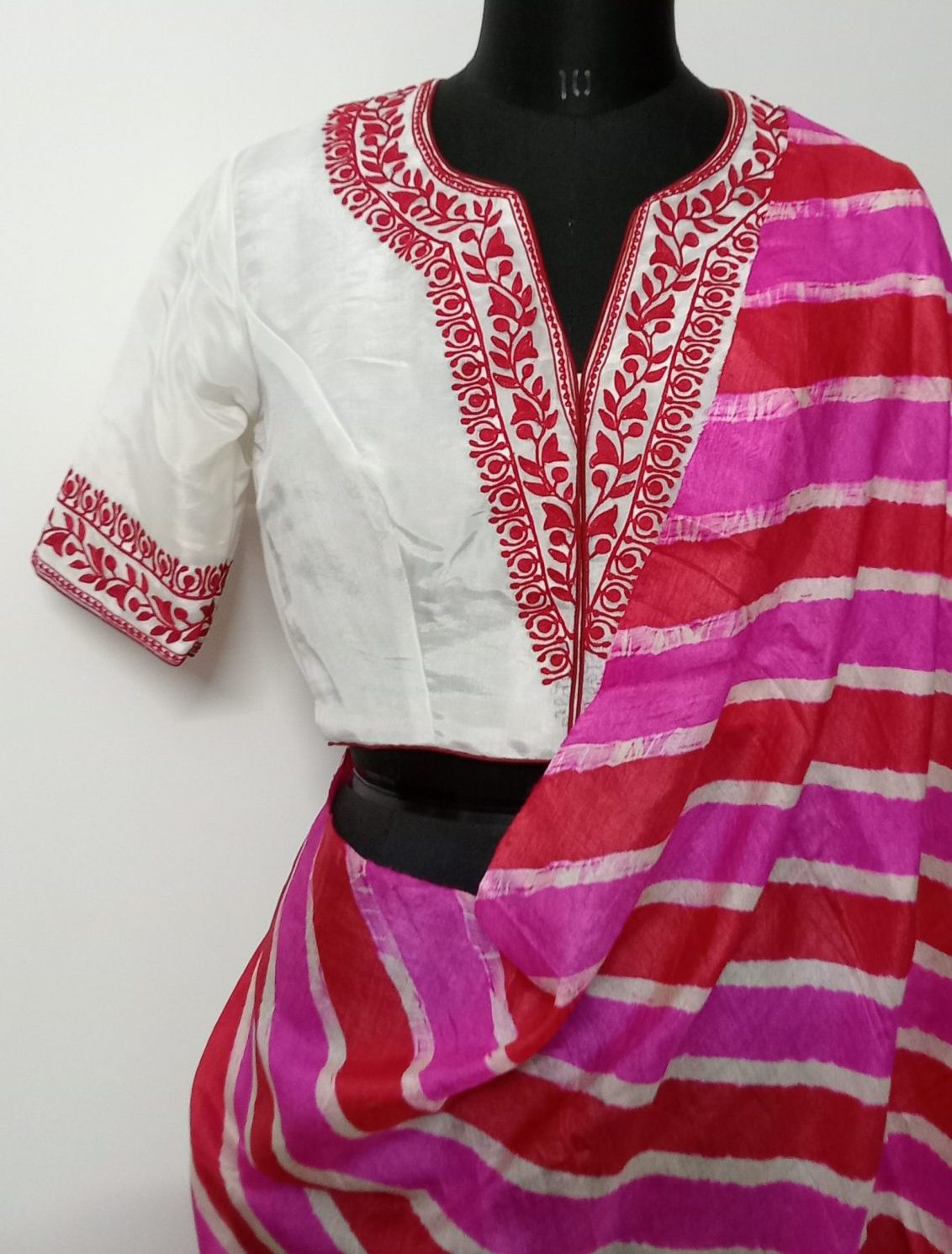 White Upada Silk Blouse in Red Aari work Embroidery