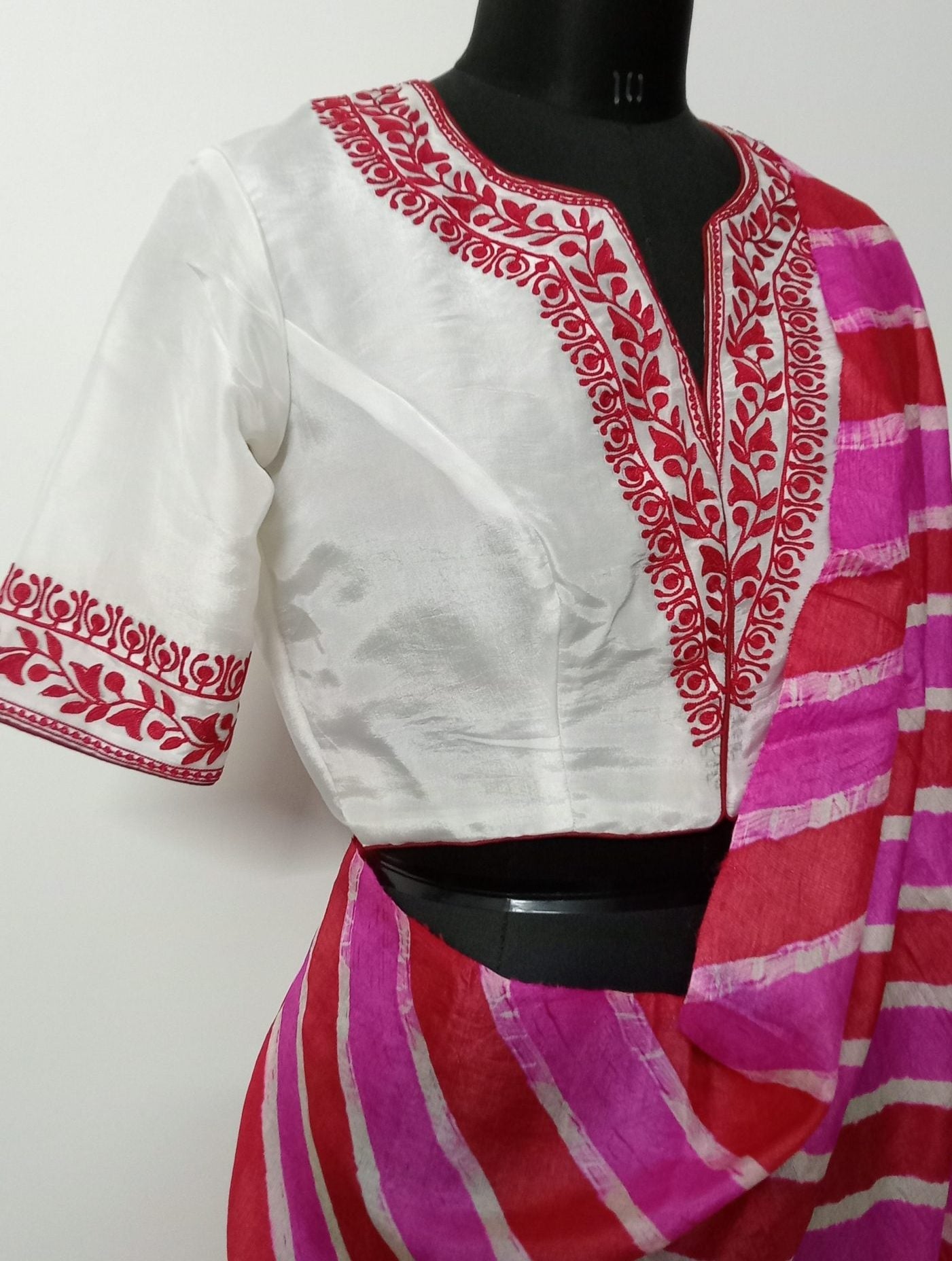 White Upada Silk Blouse in Red Aari work Embroidery