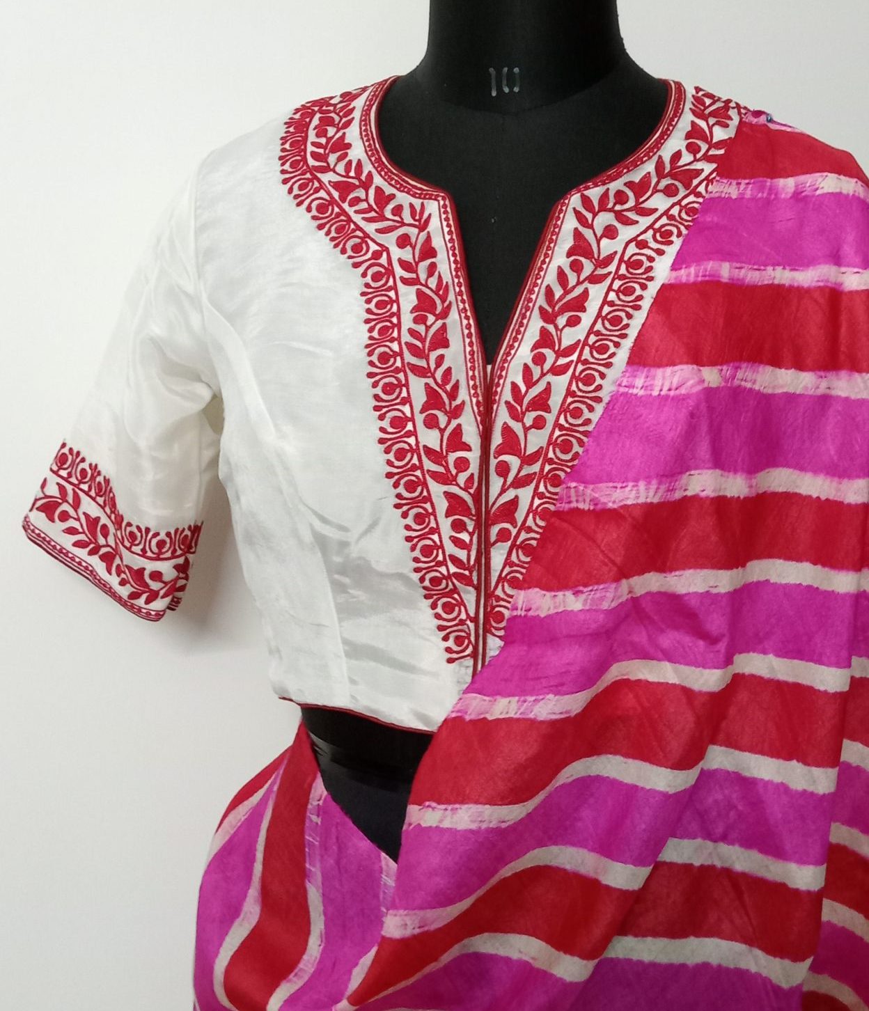 White Upada Silk Blouse in Red Aari work Embroidery