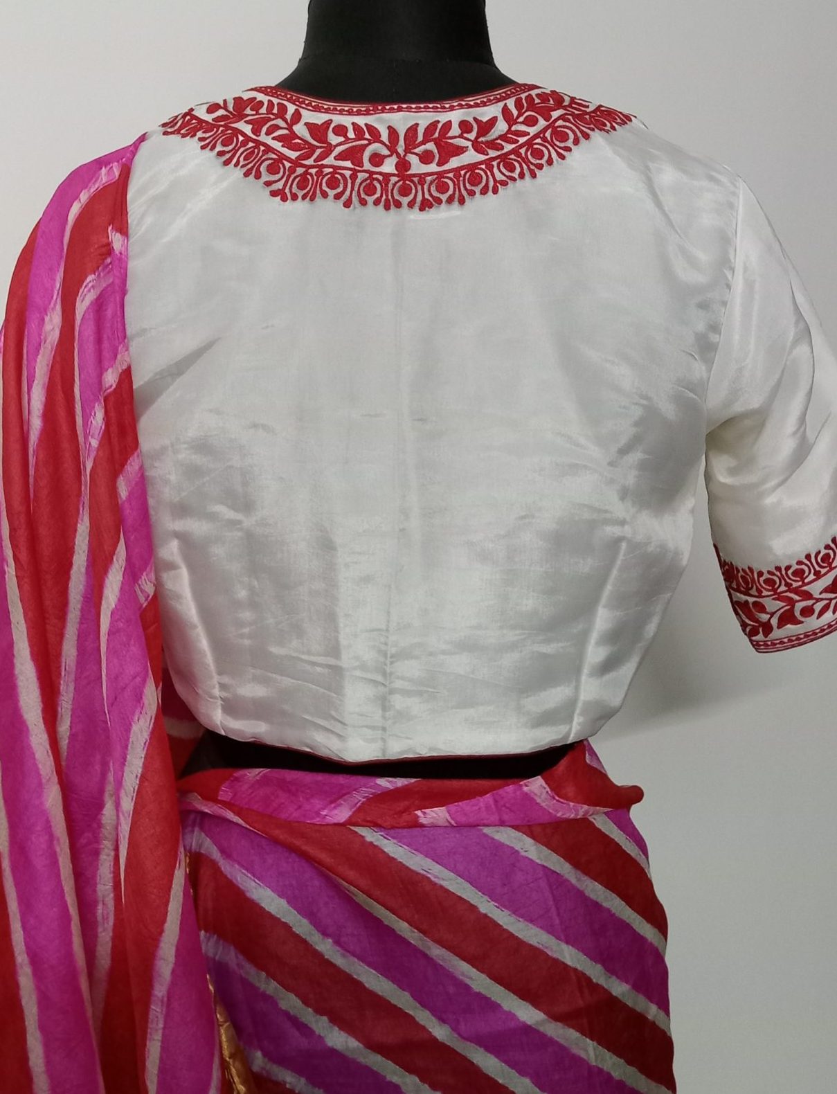 White Upada Silk Blouse in Red Aari work Embroidery