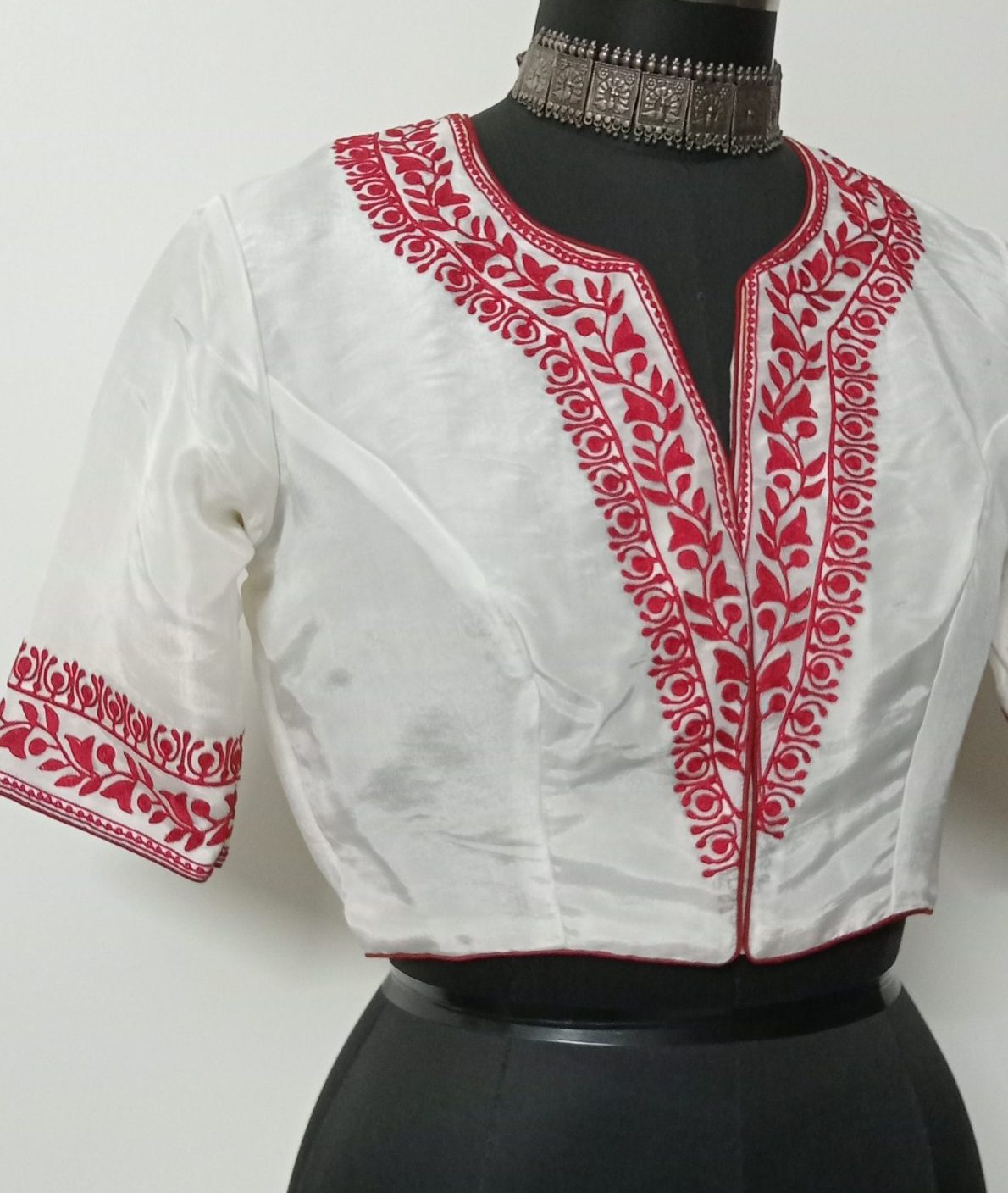 White Upada Silk Blouse in Red Aari work Embroidery