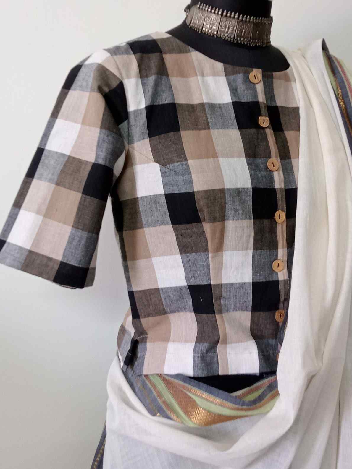 Brown Black Checkered Crop Top Blouse