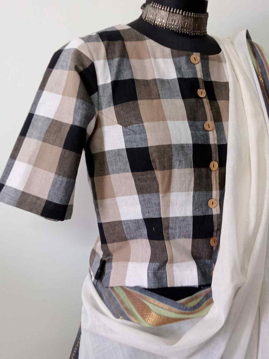 Brown Black Checkered Crop Top Blouse