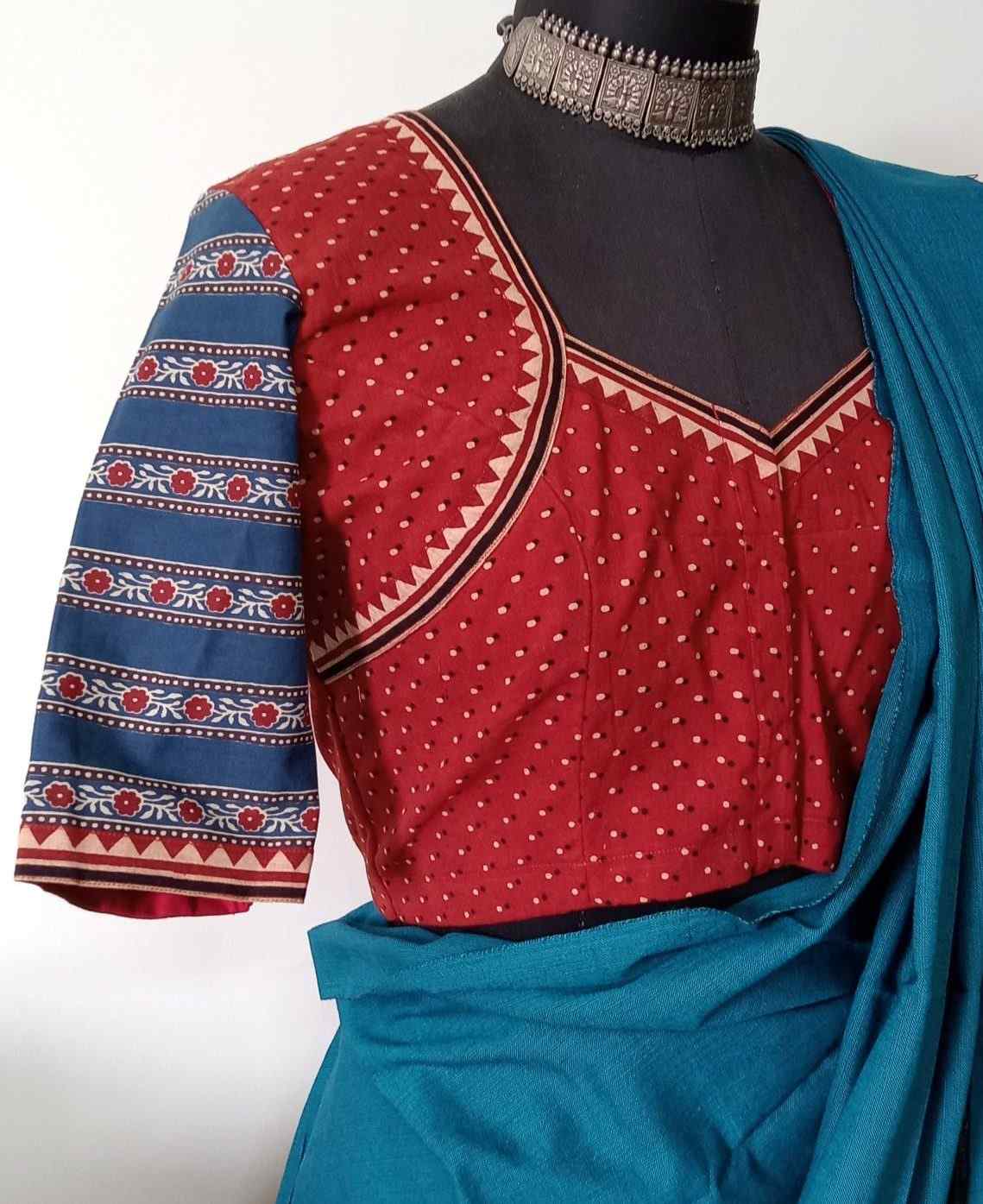 Maroon Gamathi Blouse with Contrast Indigo Sleeves