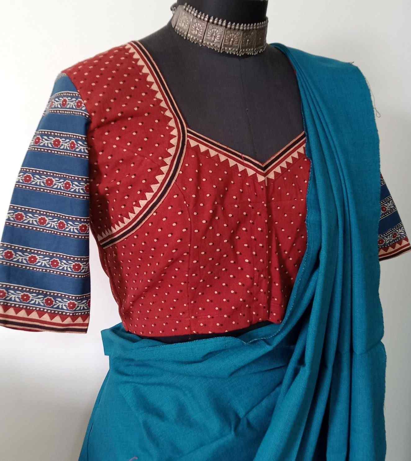 Maroon Gamathi Blouse with Contrast Indigo Sleeves