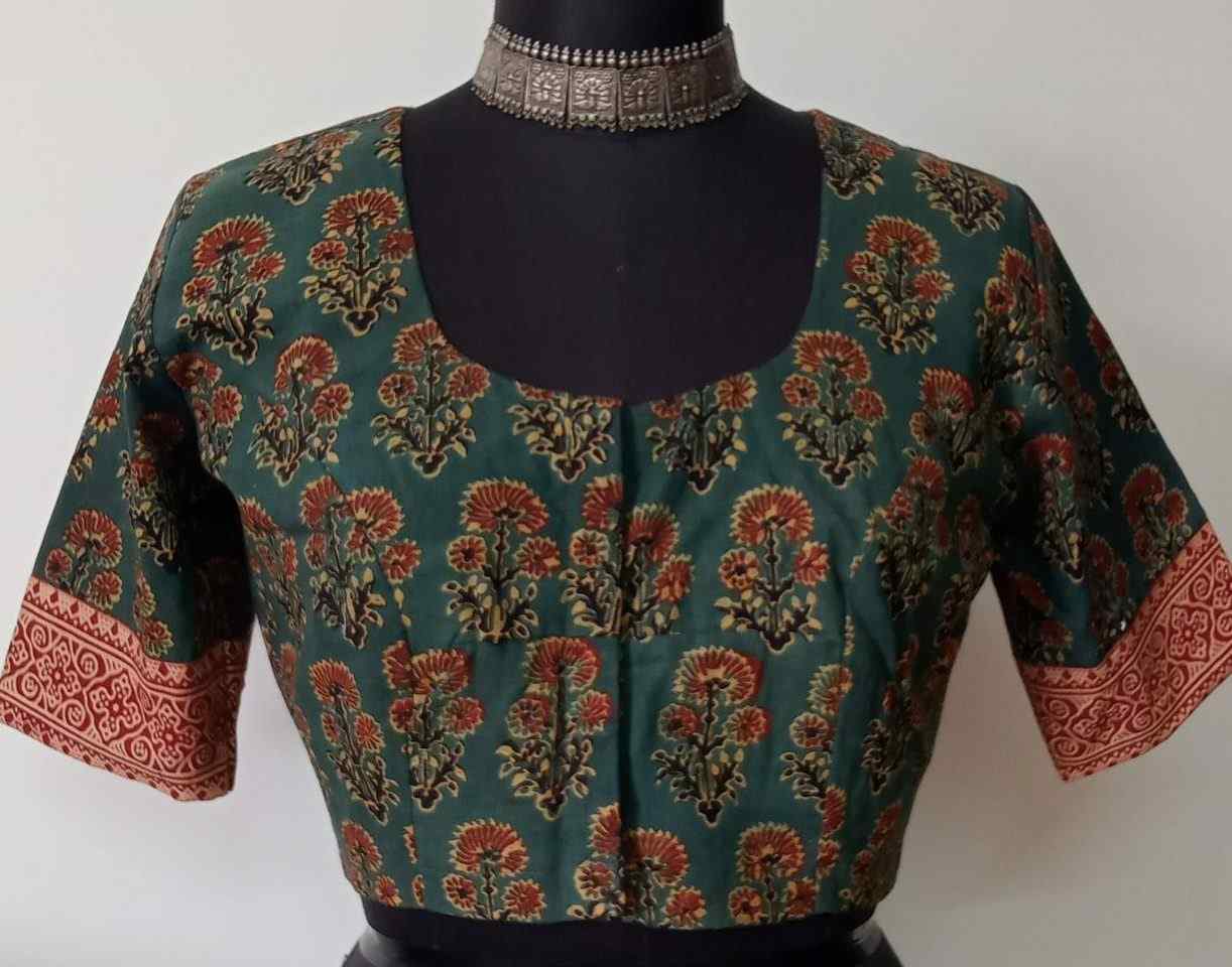 Military Green Ajrakh Cotton Blouse