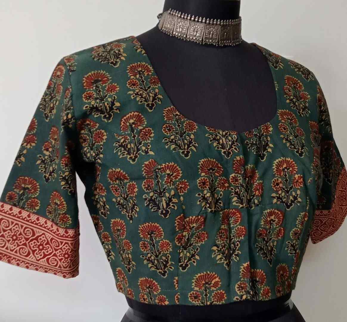 Military Green Ajrakh Cotton Blouse