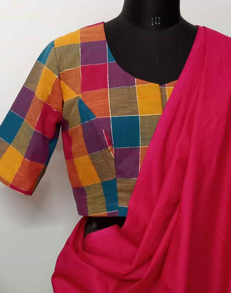 Multicolour Checkered Blouse with Zari Stripes