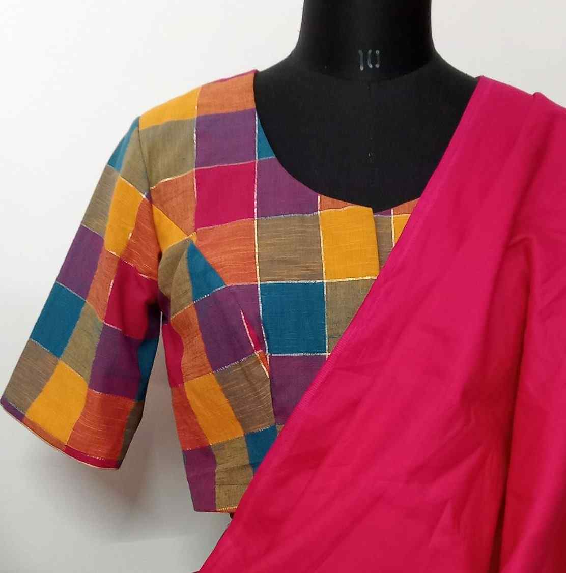Multicolour Checkered Blouse with Zari Stripes