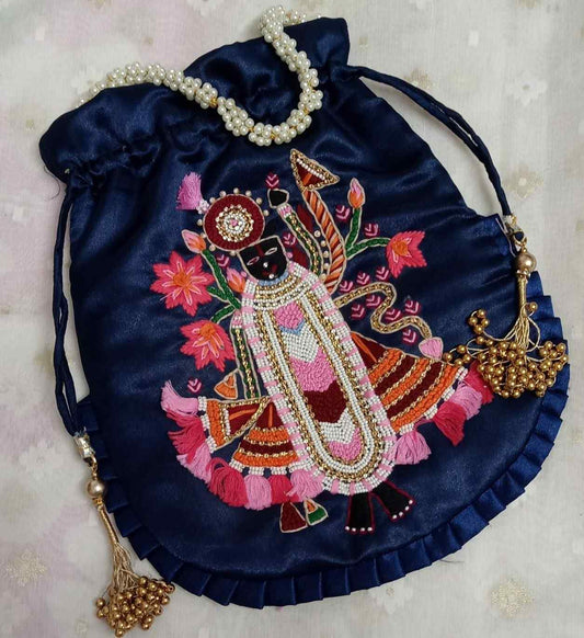 Buy Navy Blue Colour Shreenathji Potli Bag | Godhuli