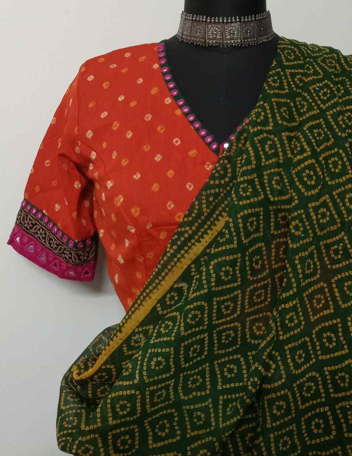 Orange Rani Bandhani Blouse with Mirror Work