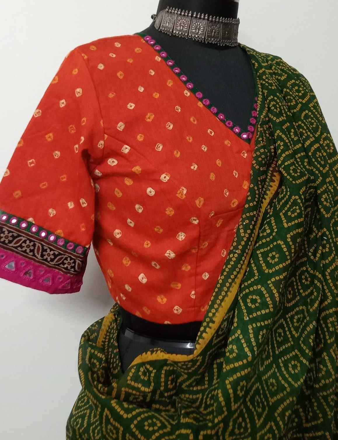 Orange Rani Bandhani Blouse with Mirror Work