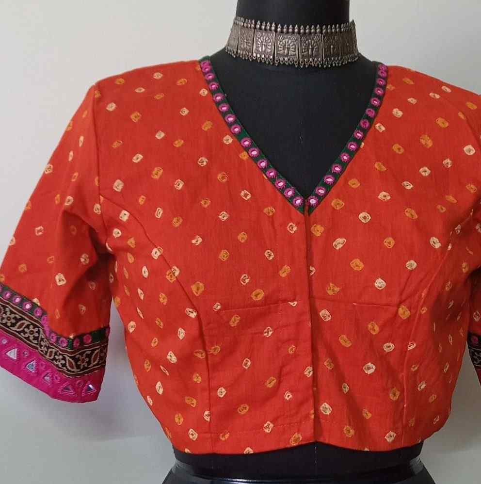 Orange Rani Bandhani Blouse with Mirror Work