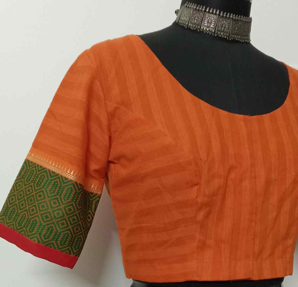 Orange Striped Blouse with Jaquard Border Sleeves