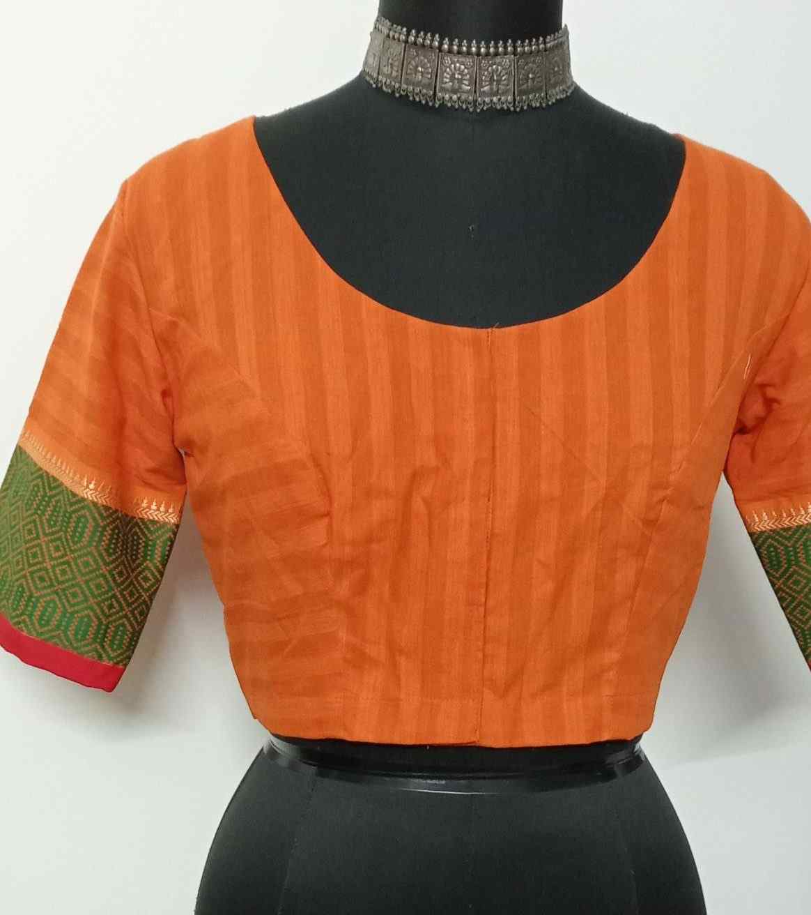 Orange Striped Blouse with Jaquard Border Sleeves