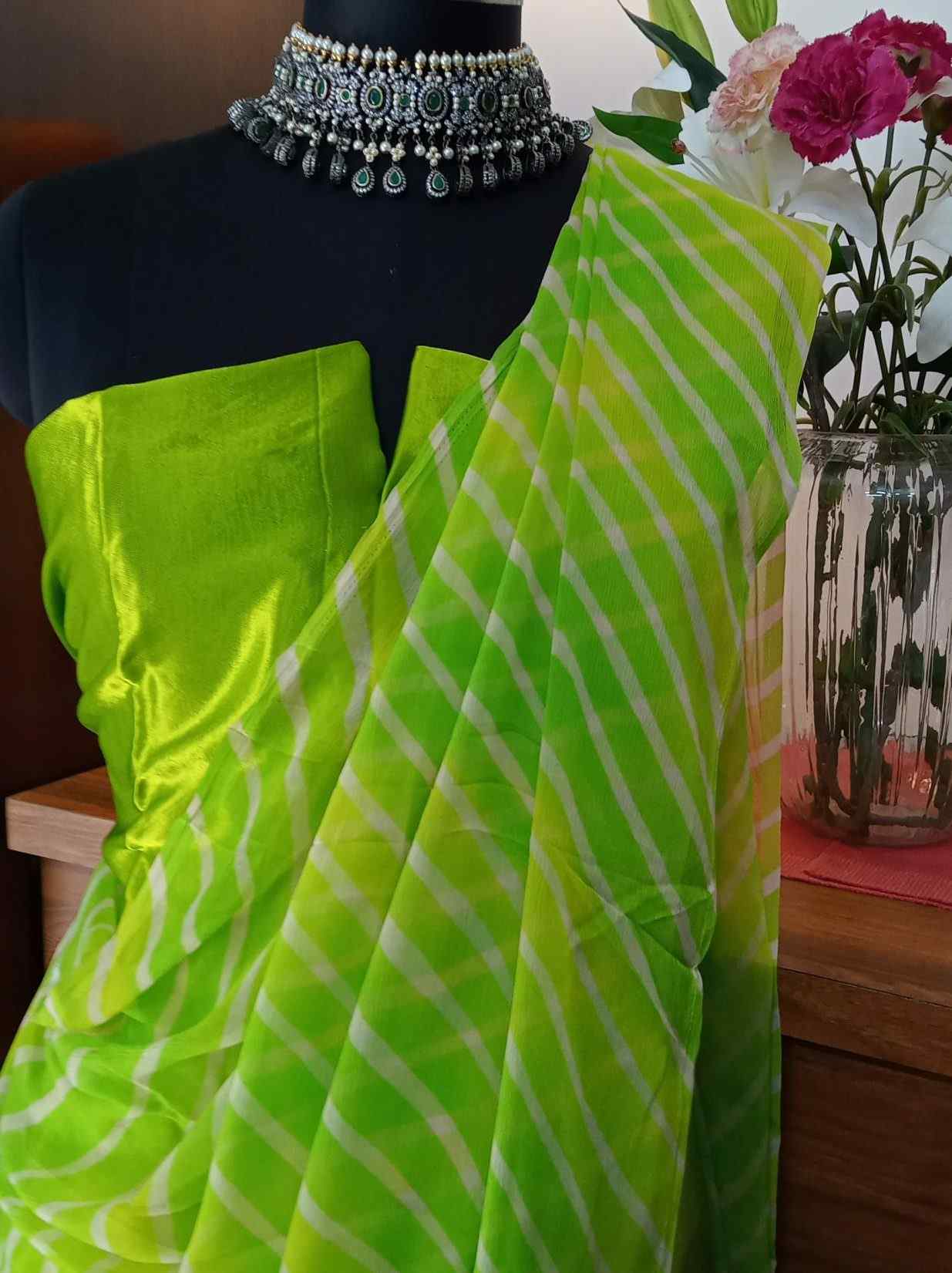 Paroot Green Leheriya Chiffon Saree