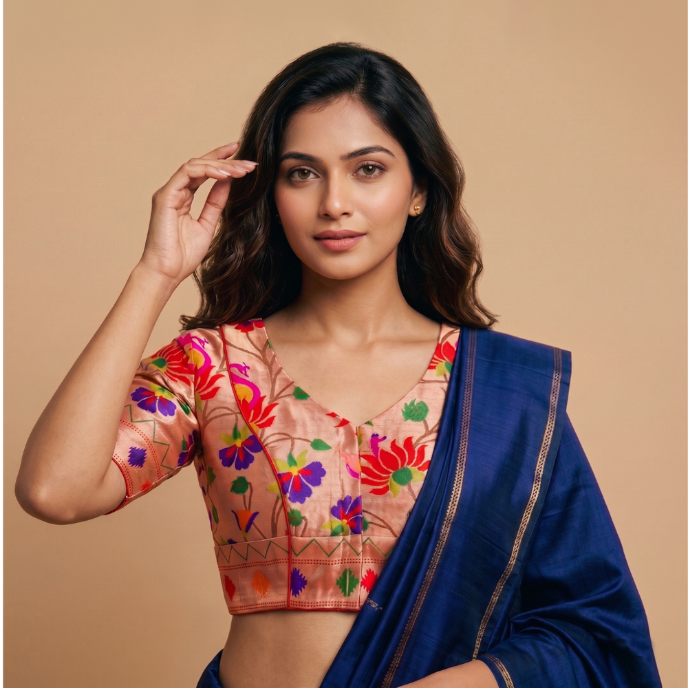 Golden Red Floral Jaal Motif Paithani Readymade Blouse | Godhuli