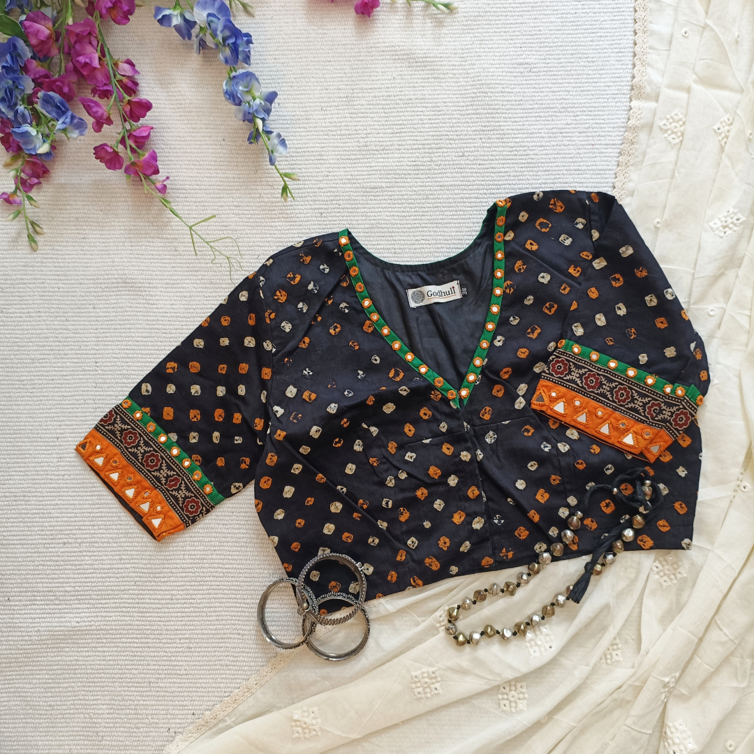 Jade Black Bandhani Blouse with Mirror Work