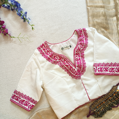 White Upada Silk Blouse in Rani Aari work Embroidery