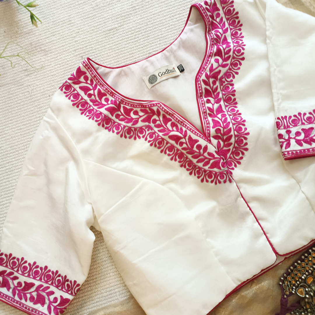 White Upada Silk Blouse in Rani Aari work Embroidery