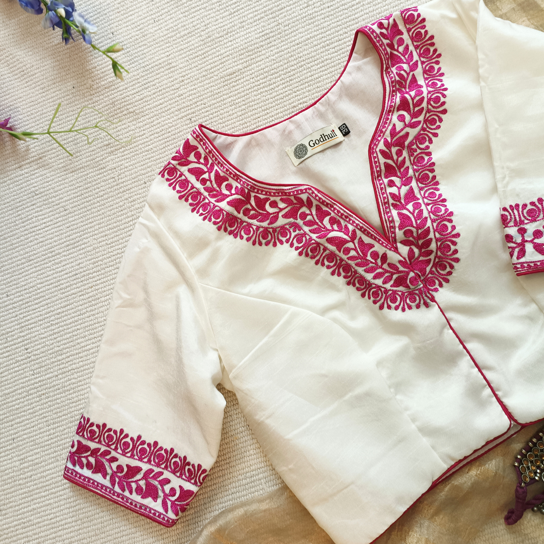 Buy White Upada Silk Blouse in Rani Aari work Embroidery | Godhuli