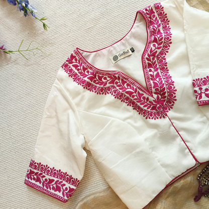 Buy White Upada Silk Blouse in Rani Aari work Embroidery | Godhuli