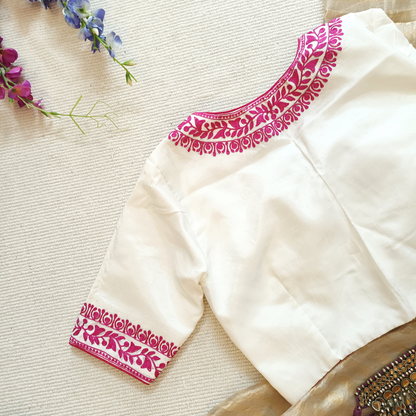 White Upada Silk Blouse in Rani Aari work Embroidery