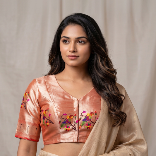 Golden Red Parrot Motif Paithani Readymade Blouse | Godhuli
