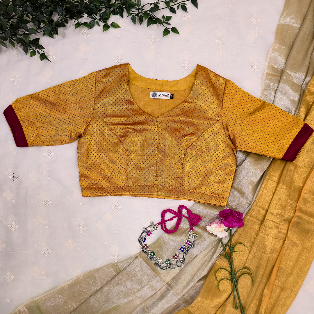 Buy Mustard Dani Gaji Blouse With Maroon Broder| Godhuli