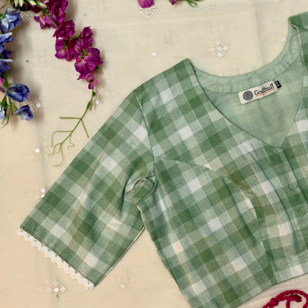 Olive green and white Checks Readymade Blouse | Godhuli