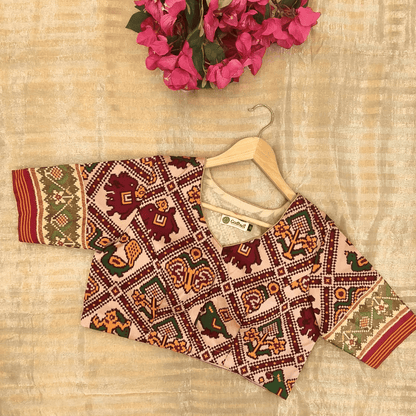 Readymade Beige Maroon Nari Kunjar Patola Design Blouse | Godhuli