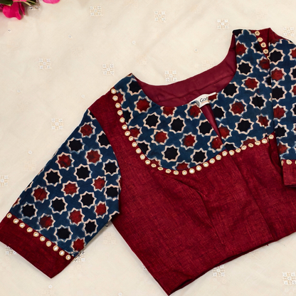 Buy Marron Indigo Mughal Print Ajrakh Mirrorwork Blouse | Godhuli