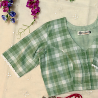 Olive green and white Checks Readymade Blouse | Godhuli